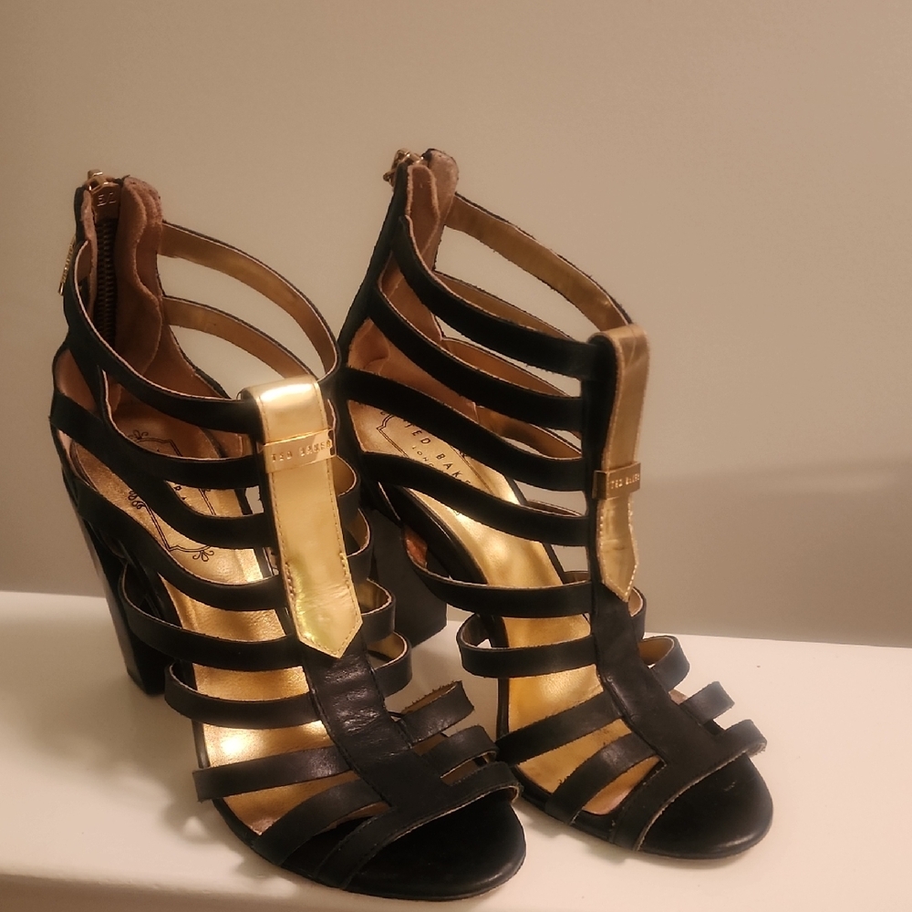 Ted Baker London Black and Gold Heeled Sandals